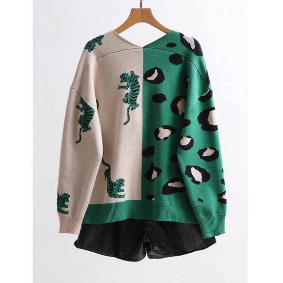 Green Beige Animal Print Button Down V-Neck Knit Cardigan - Picture 2 of 8